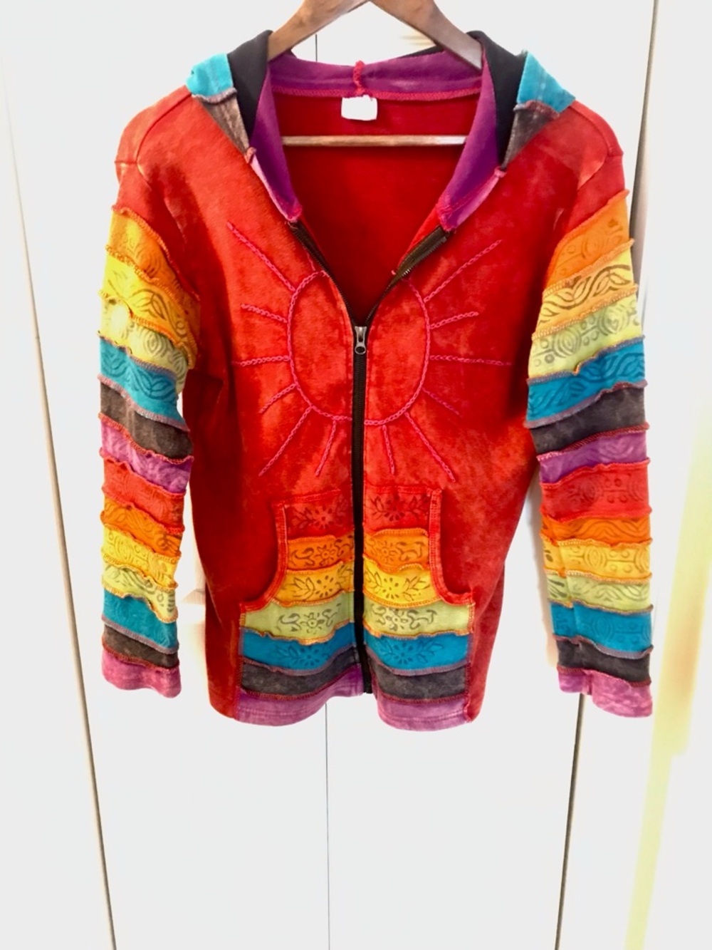Women's Red Zip-Up Hoodie Jacket with Rainbow Accent
